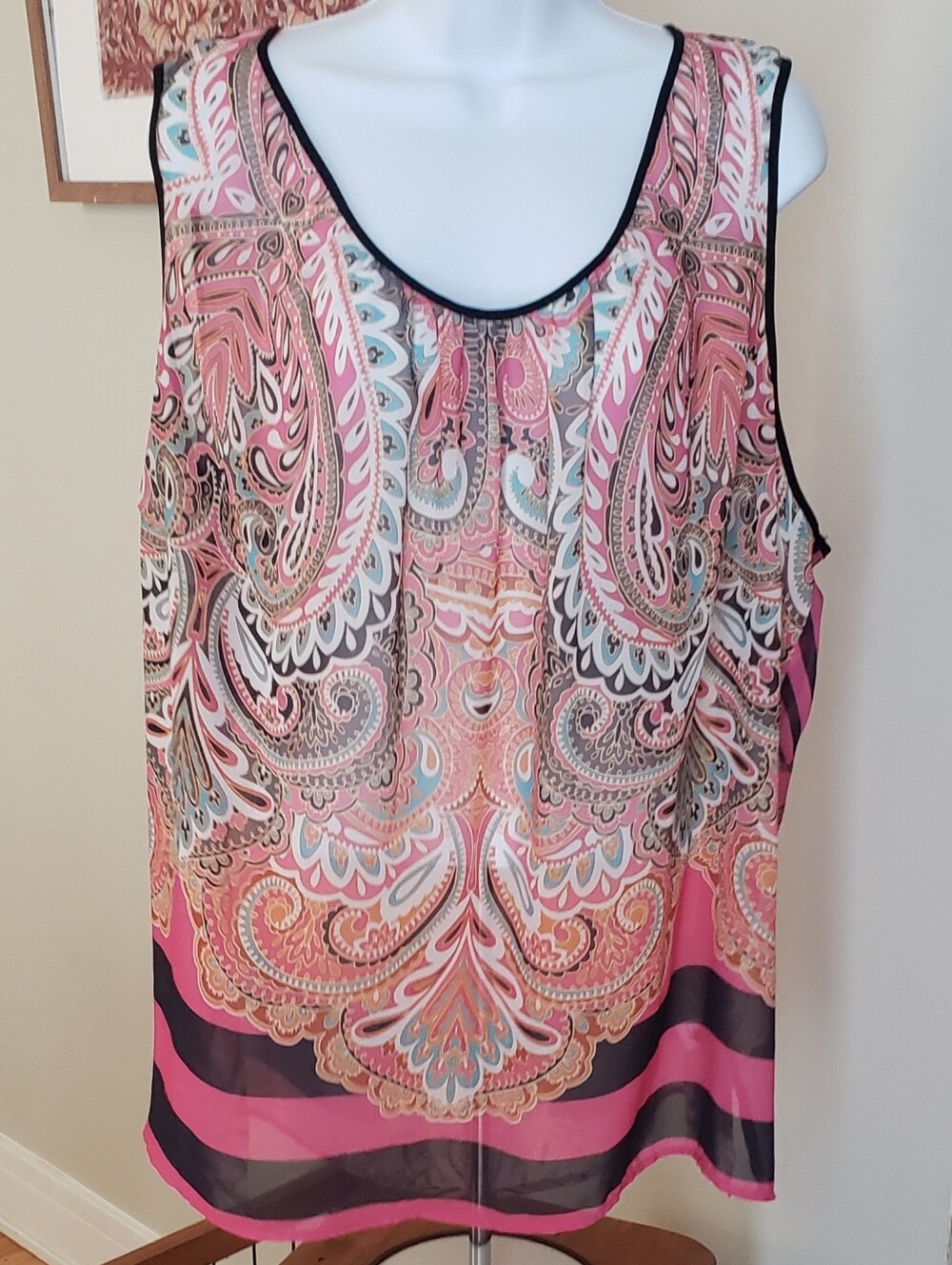 a.n.a  Woman, Pink Paisley Sheer Tank with Black Trim, 3X